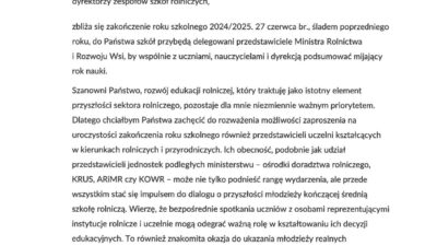 List Ministra Rolnictwa i Rozwoju Wsi, Pana Czesława Siekierskiego, z okazji zakończenia roku szkolnego