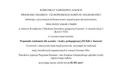 Komunikat Narodowej Agencji Programu ERASMUS+ i Europejskiego Korpusu Solidarności