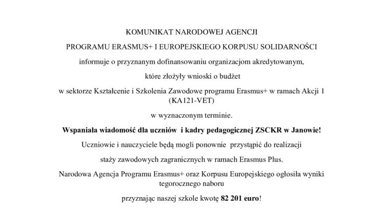 Komunikat Narodowej Agencji Programu ERASMUS+ i Europejskiego Korpusu Solidarności