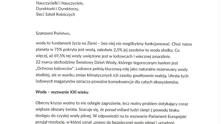 List MRiRW z okazji Dnia Wody
